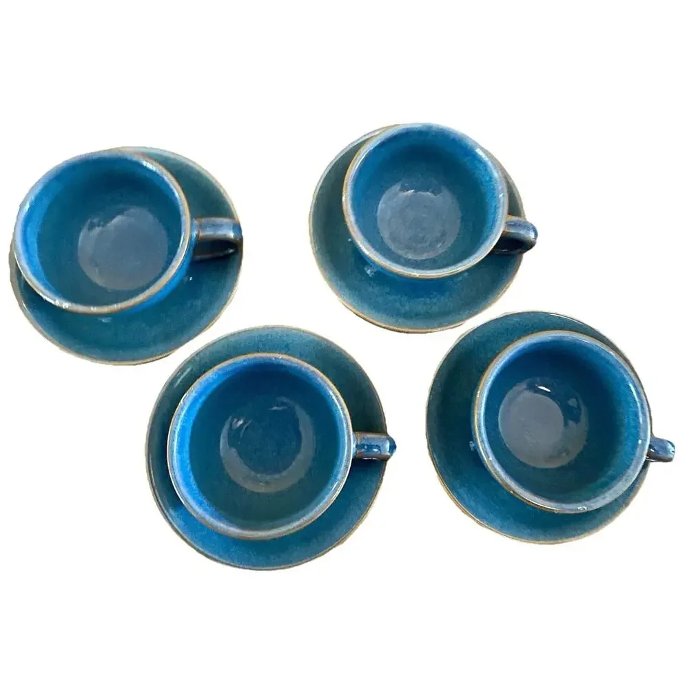 Le Tauci 4 Cappuccino Cups Mugs with Matching Saucers Set Ceramic Ceylon Blue